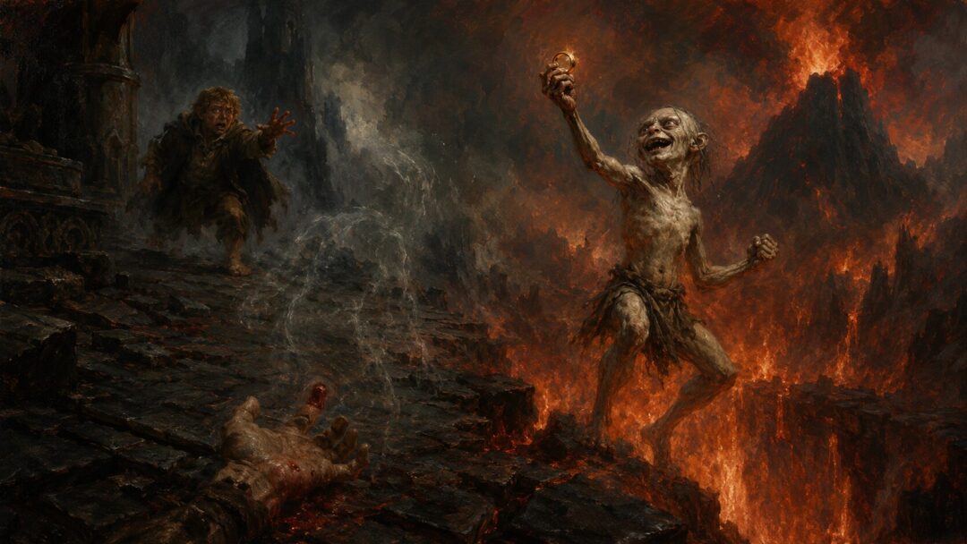 Gollum triumphs with the Ring at the fiery edge of the Cracks of Doom while Frodo and Sam are caught in the final crisis.