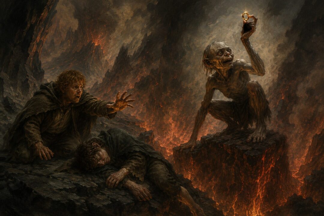 Gollum raises the One Ring at the brink inside Mount Doom while Frodo and Sam watch in horror.