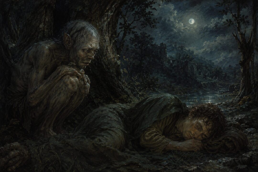 Gollum looking at the sleeping Frodo with a brief expression of pity and sadness in Ithilien