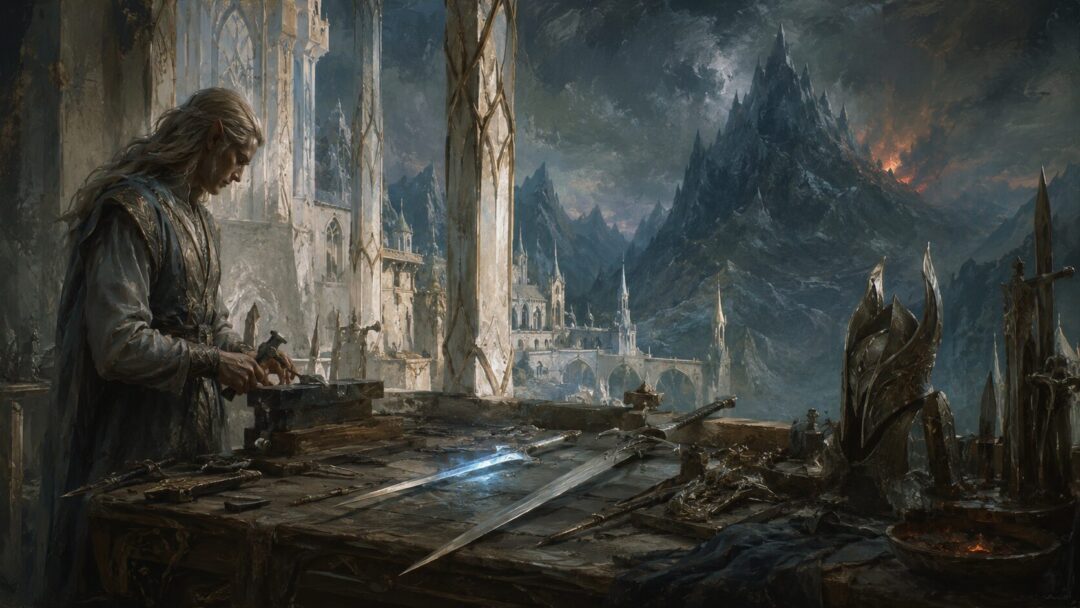 An Elven smith’s workbench in lost Gondolin with a small blade glowing blue