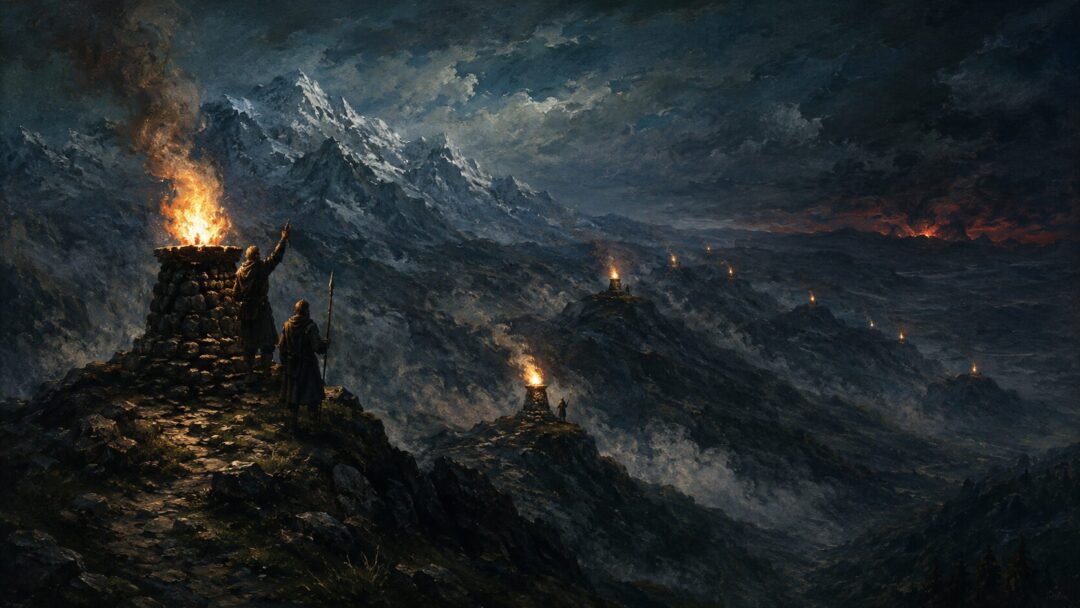 Separate beacon watchmen answer one another with signal fires across dark mountain foothills.