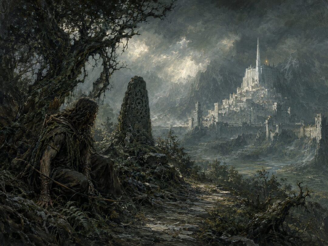 Minas Tirith in the distance with a hidden Drúedain forest path and watch-stone in the foreground