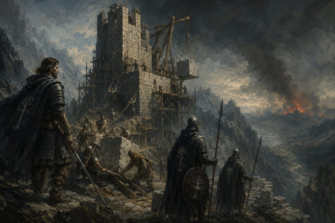 Gondorian builders and watchmen raising a frontier tower to guard the entrance into Mordor.