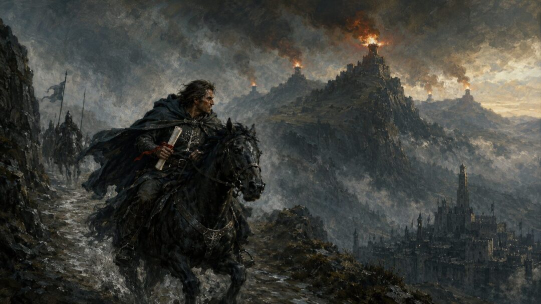 A mounted messenger of Gondor rides beneath the lit beacons while carrying the Red Arrow.