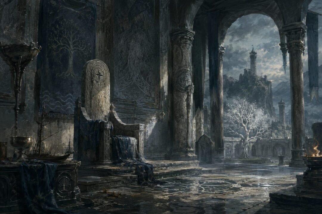 A white-stone hall of Gondor reflects the memory, decline, and endurance inherited from Númenor.