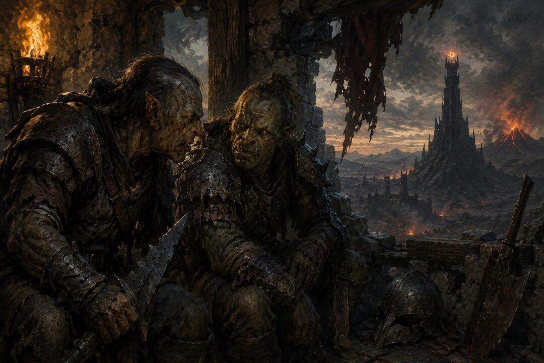 Two Orc captains speaking quietly inside a ruined Mordor watchtower while avoiding their superiors.