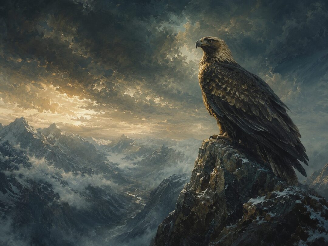 A majestic great eagle perches on a high mountain crag at dawn above snowy peaks.