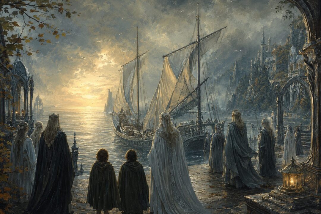 Elven figures and hobbit-like travelers beside a white ship at the Grey Havens at twilight.