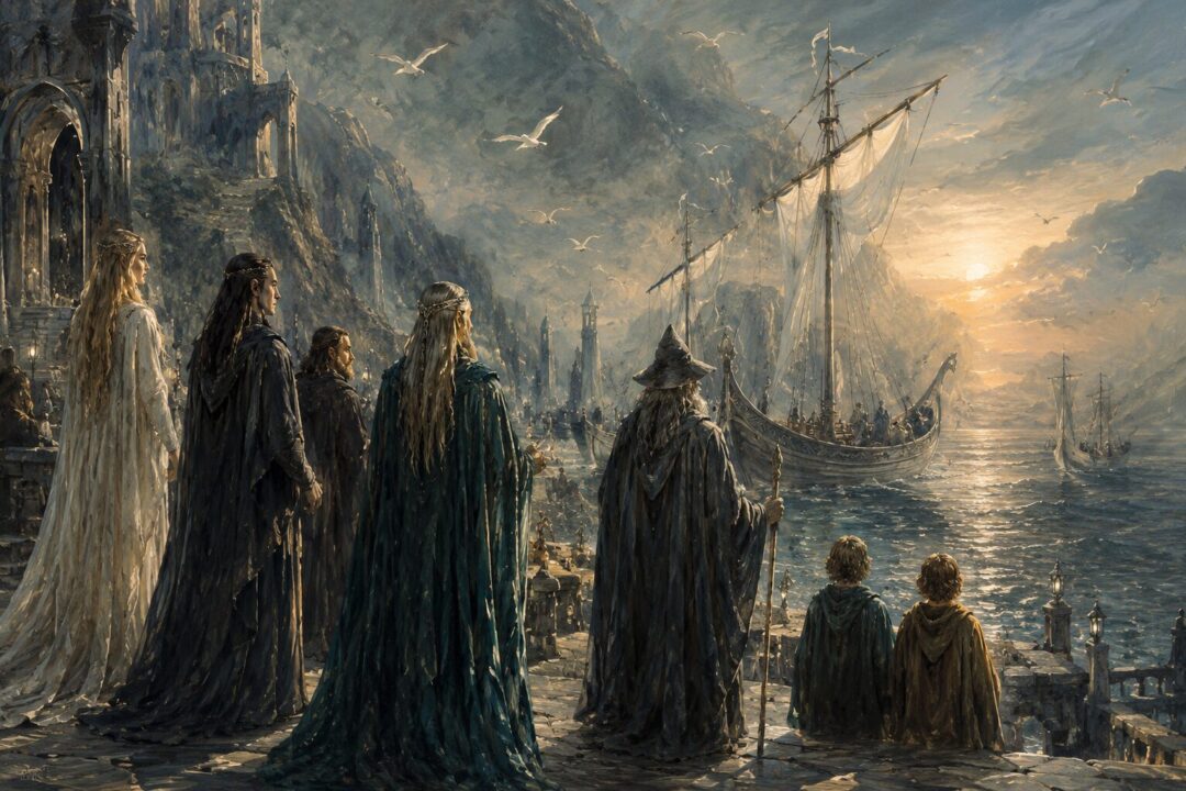 Elven ships departing from the Grey Havens as the Ring-bearers and the last great Eldar sail into the West.