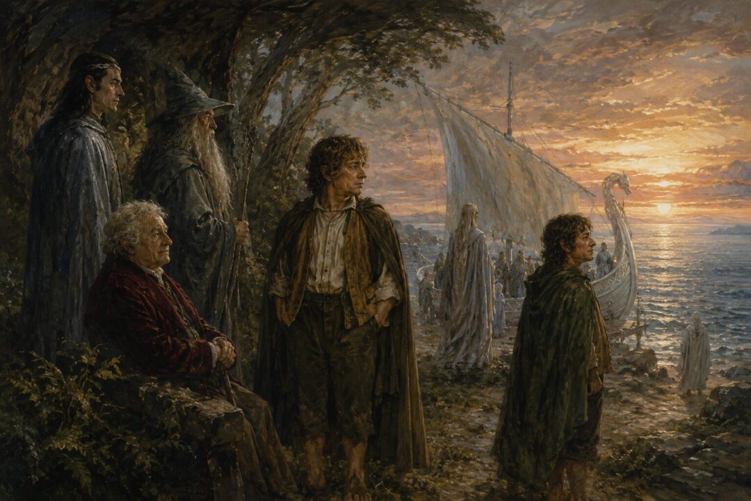 Samwise standing at the Grey Havens as Frodo, Bilbo, Gandalf, Elrond, and Círdan prepare to sail into the West.