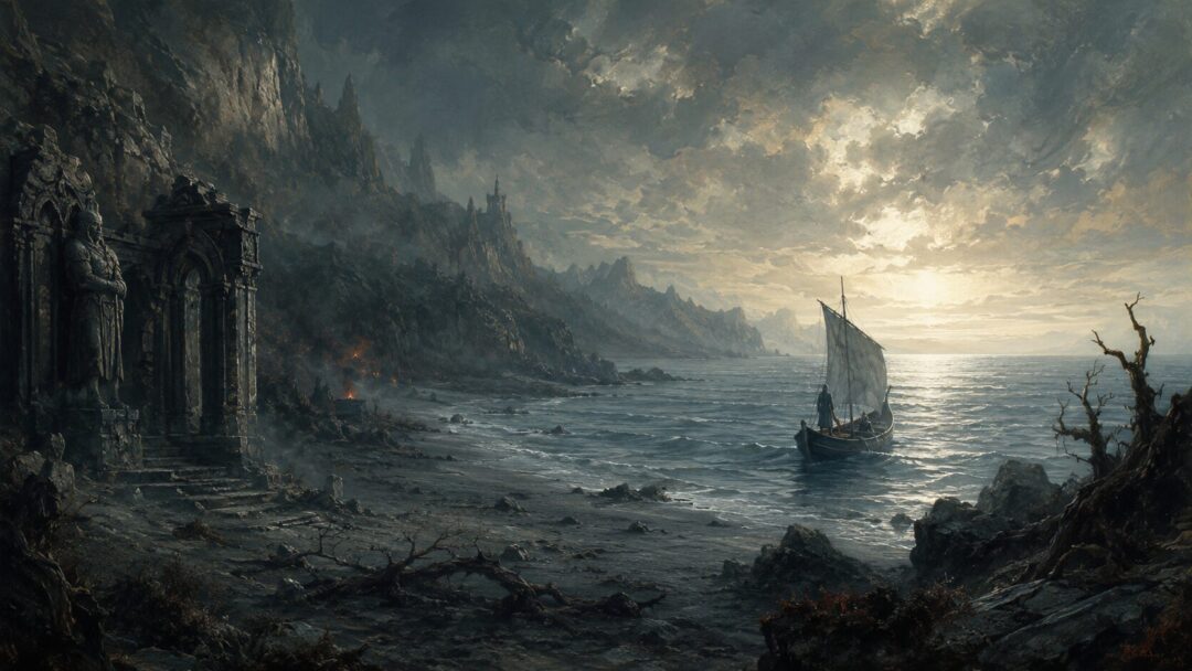A grey ship carries Legolas and Gimli westward across the Sea from Middle-earth.