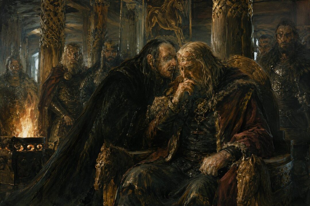 Gríma Wormtongue quietly advising King Théoden inside Meduseld while the court watches uneasily