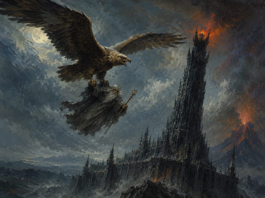 A great eagle carries a grey-robed wizard away from the pinnacle of a dark stone tower at night.