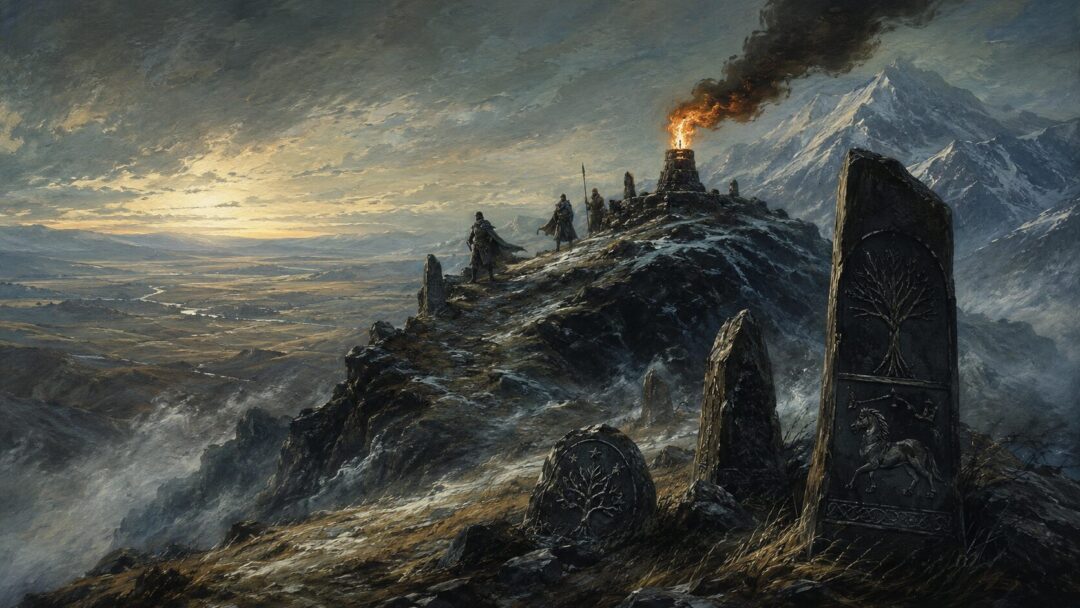 A solemn beacon fire burns on Halifirien near the border between Gondor and Rohan.