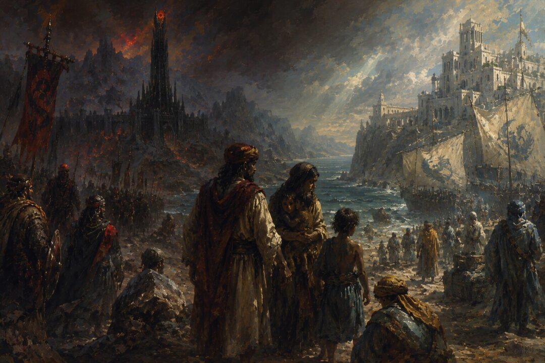 The people of Harad symbolically caught between Sauron's power and Númenórean expansion.