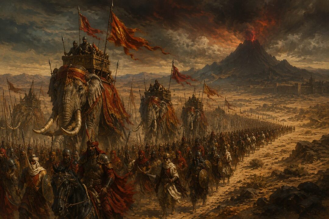 A vast Haradrim army with mûmakil advancing north beneath scarlet banners.