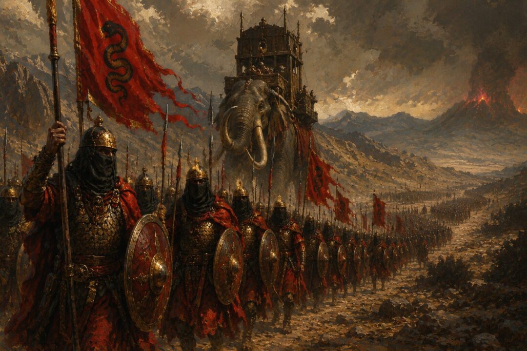 A column of Haradrim soldiers and a distant mûmak marching beneath scarlet banners.