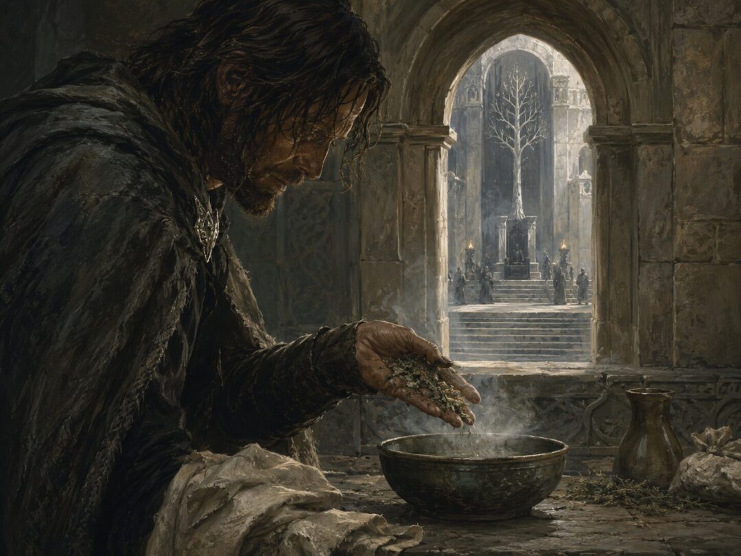 A healer’s hand with crushed athelas before the distant throne and White Tree of Gondor