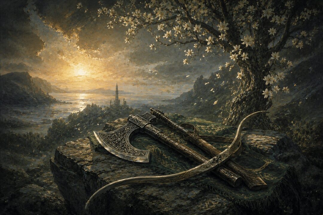 Symbolic image of Elven and Dwarven friendship represented by a bow and axe resting together