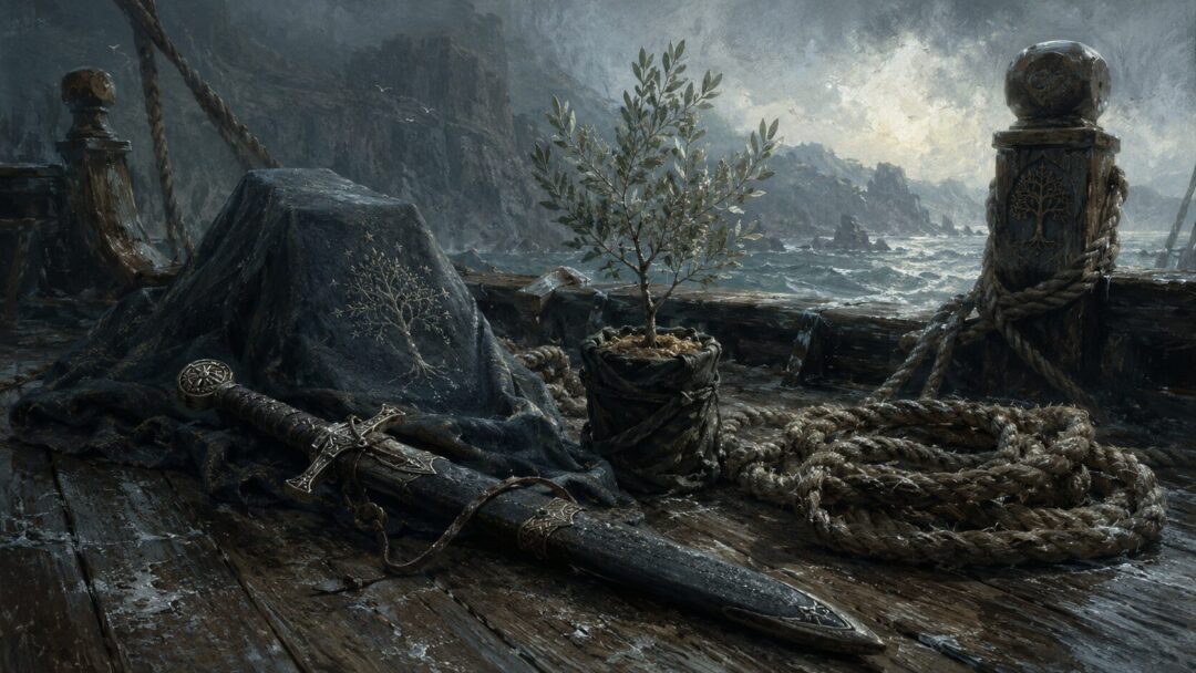 Númenórean heirlooms of the Faithful rest on a ship deck, including a sword, seeing stone, and White Tree sapling.