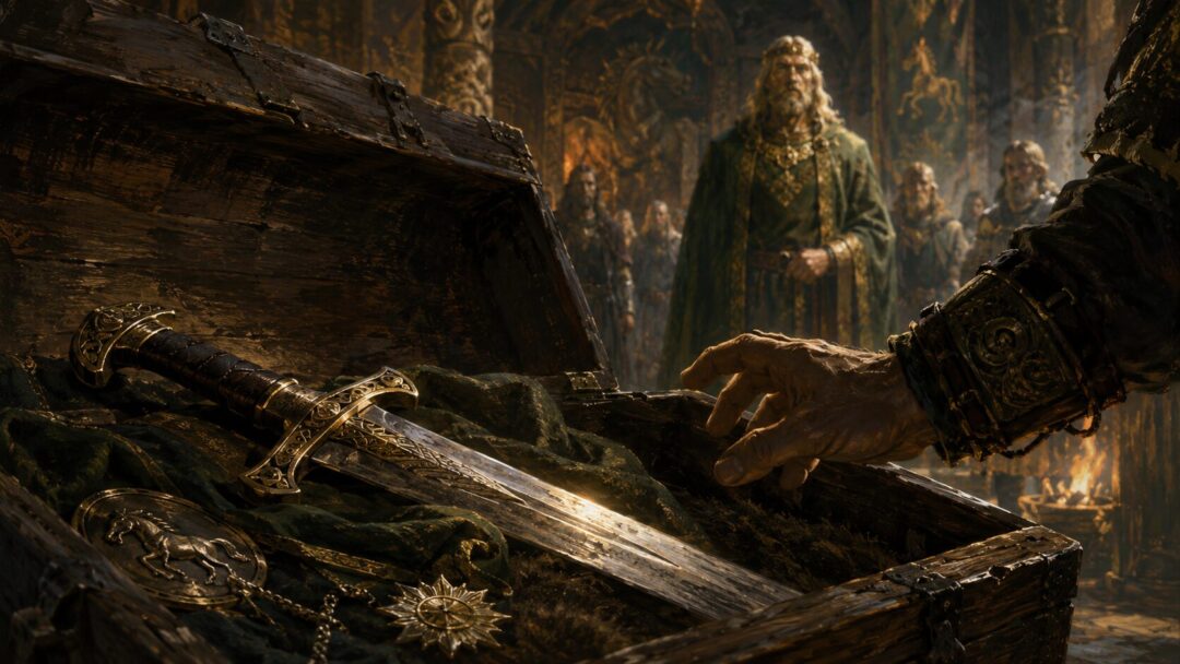 Théoden’s sword Herugrim lies in an opened wooden chest after being recovered from Wormtongue’s keeping.