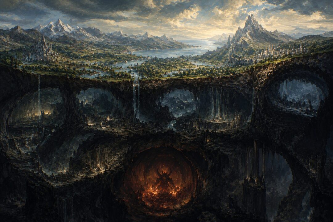 A cross-section of Middle-earth showing kingdoms above and ancient caverns below
