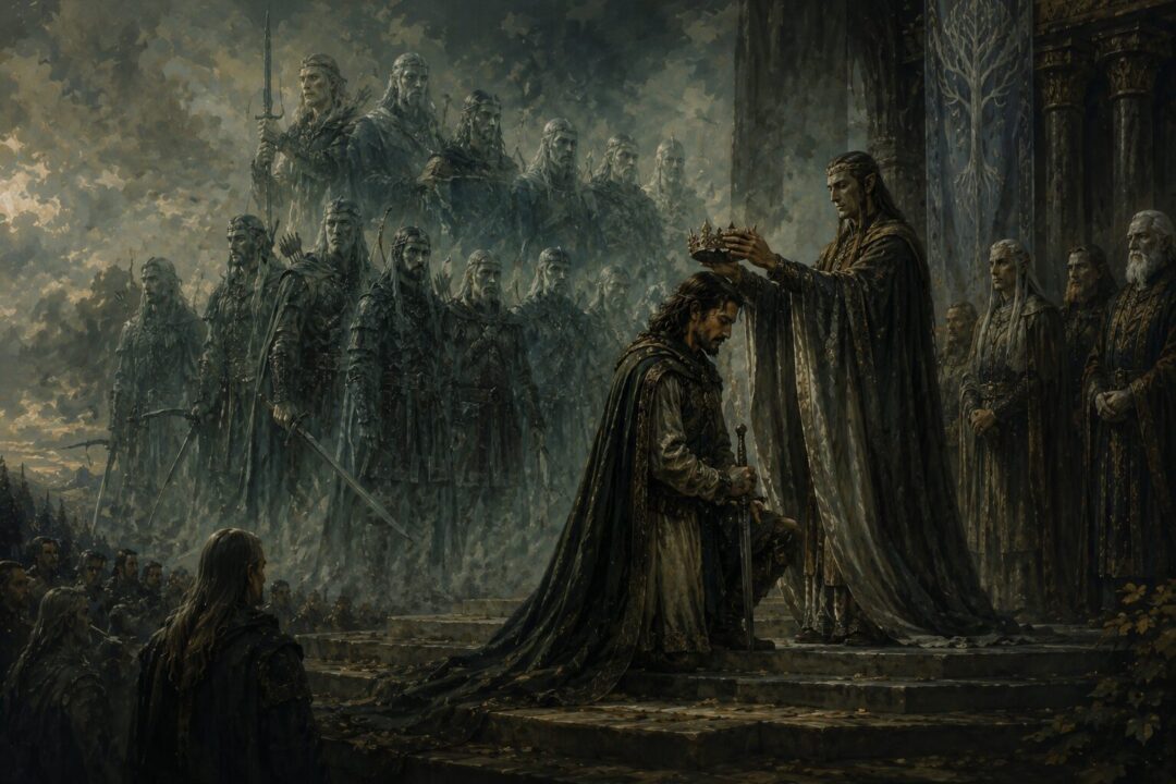 King Elessar crowned with symbolic generations of northern Rangers behind him.