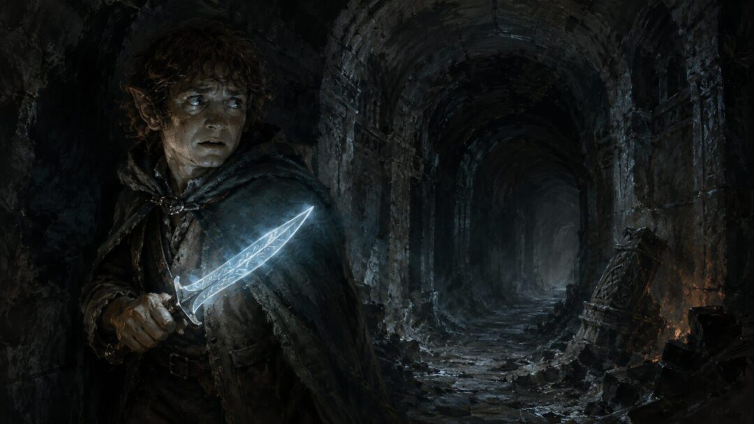 A hobbit traveler holds Sting as it shines blue in a silent tunnel