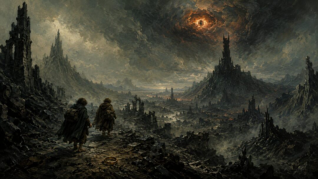 Two small hobbit figures crossing ash-darkened land beneath a distant searching shadow.