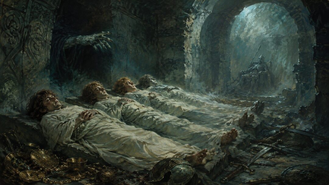 Four hobbits lying in grave-cloths inside an ancient barrow as a pale spectral hand emerges from shadow.