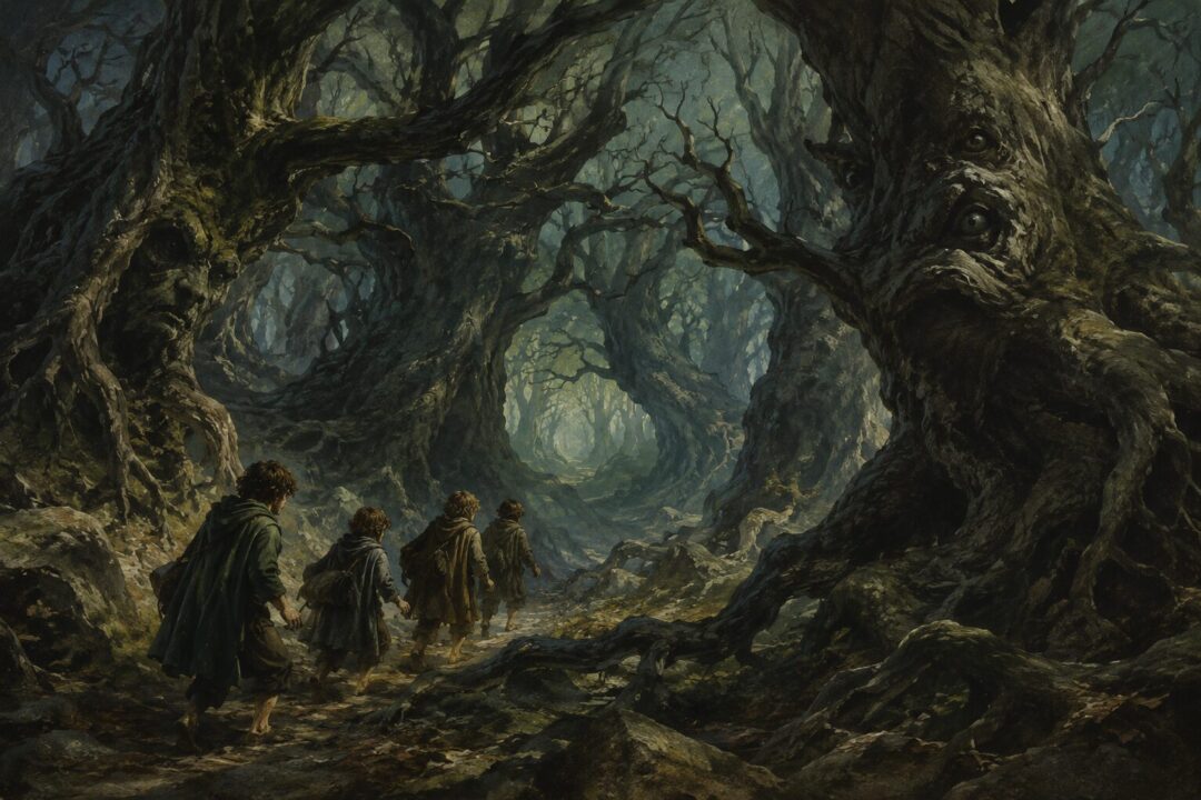 Hobbits walking beneath the looming trees of the Old Forest as branches seem to close around them