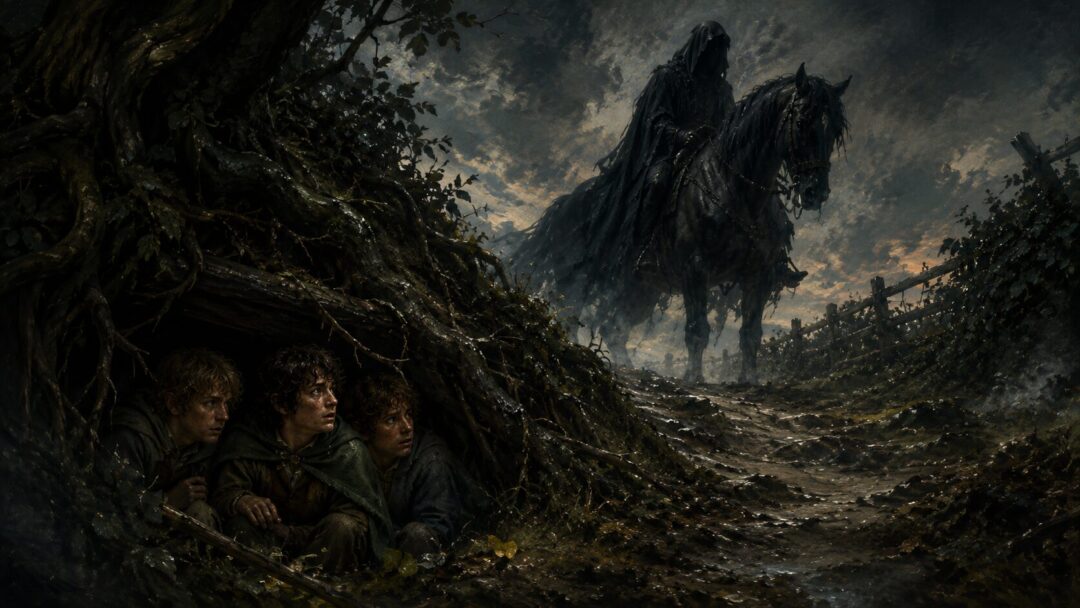 Frodo and his companions hide beneath tree roots as a Black Rider looms above them on the road.