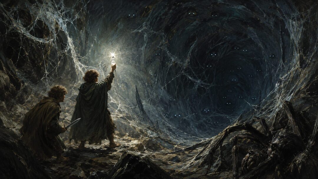 Two hobbits in Shelob’s tunnel as a bright phial casts light against watching eyes