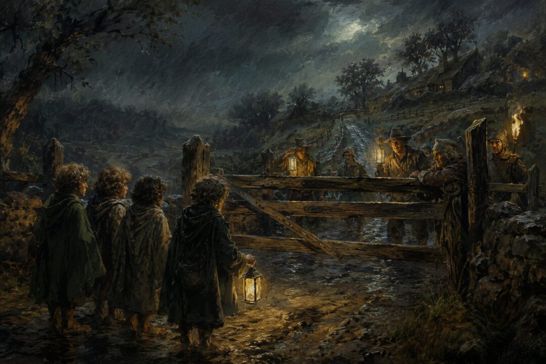 Four hobbits return to the Shire and find the Brandywine Bridge barred at night.