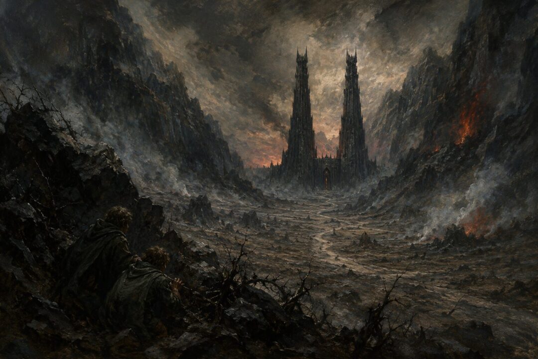 Two weary hobbits hiding among rocks while the Black Gate and Towers of the Teeth loom in the distance.