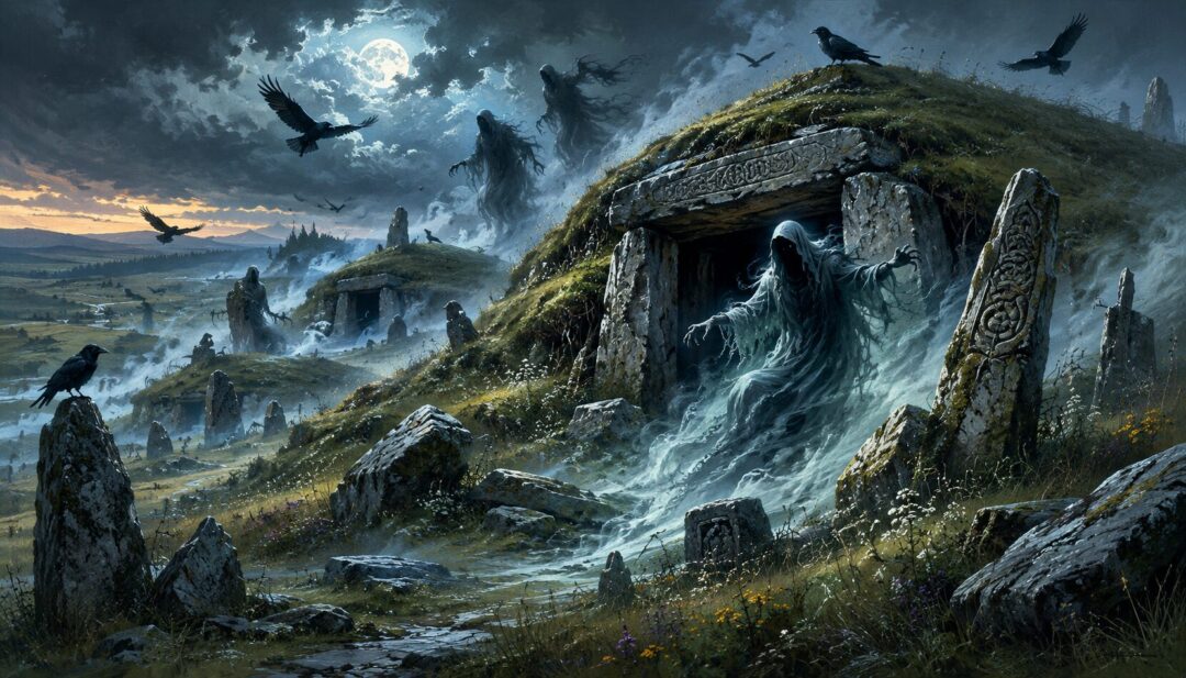 Small travelers trapped inside an ancient barrow as one cuts at a crawling hand in the darkness.