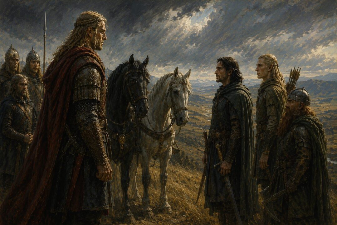 Aragorn and Éomer greeting one another in mutual respect on the plains.