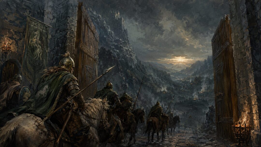The gates of the Hornburg open as Rohirrim prepare to ride into the dawn.