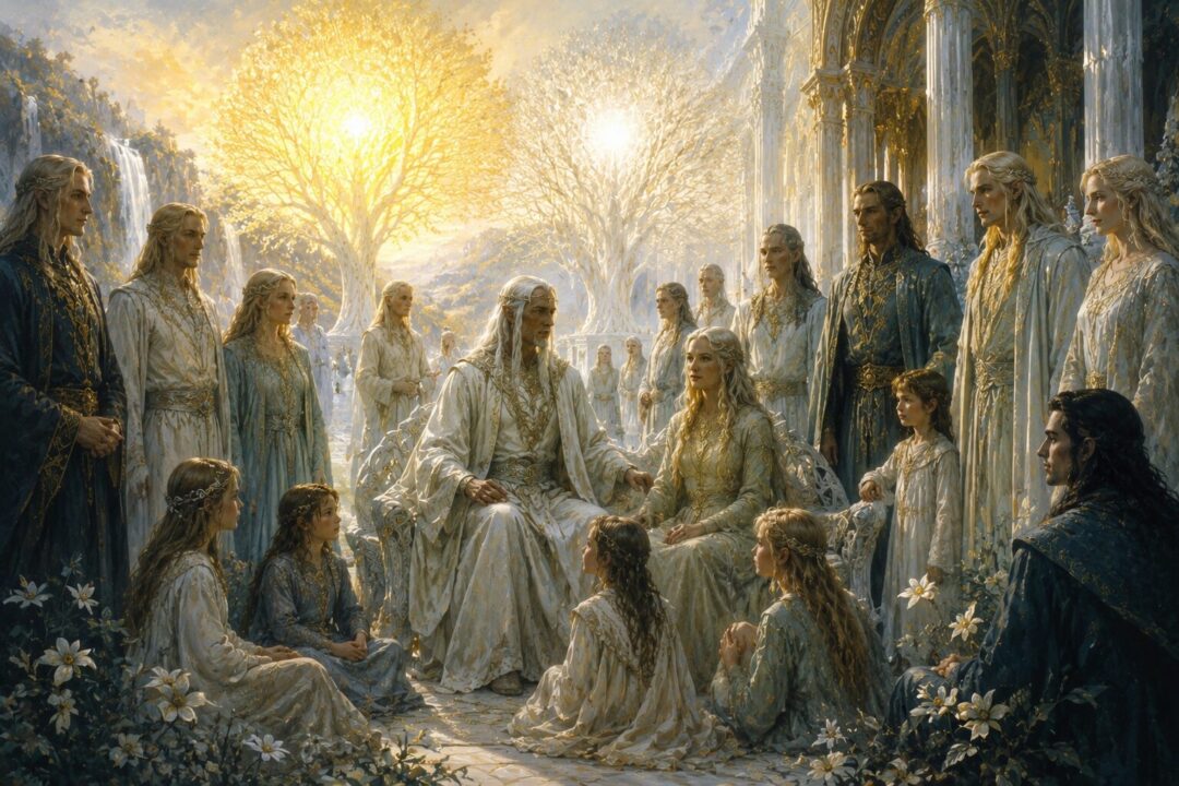 Several generations of Finwë's family gathered beneath the Two Trees in Valinor.