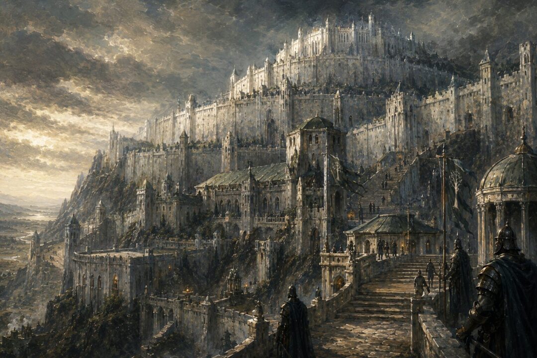 The sixth level of Minas Tirith with the House of the Stewards beneath the Citadel