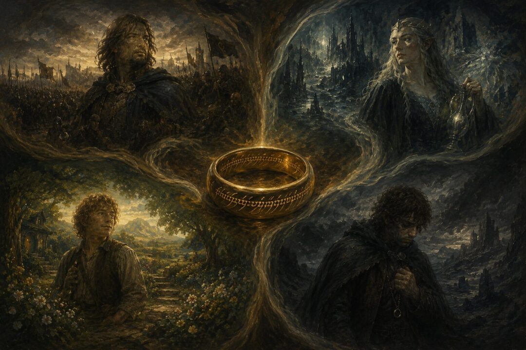 Symbolic representation of the One Ring offering different temptations to Frodo, Sam, Boromir, and Galadriel