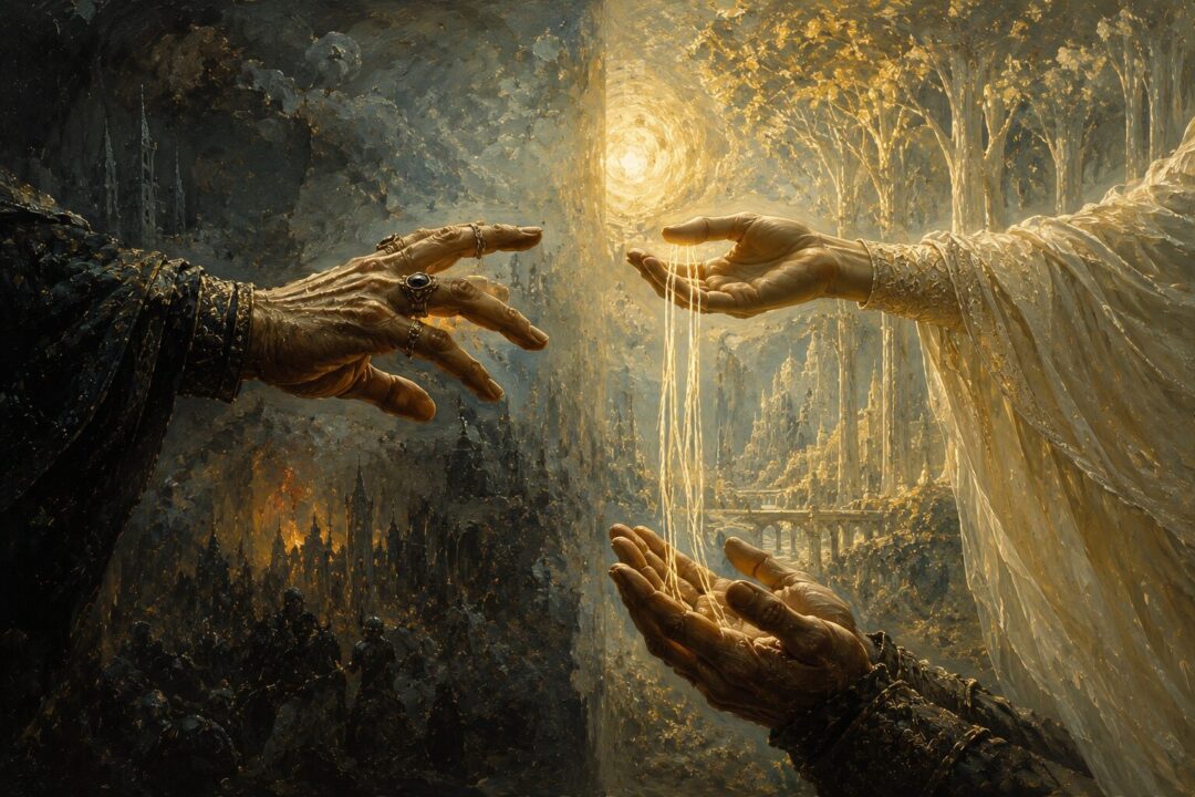 Symbolic contrast between pride reaching to possess beauty and humility receiving it as a gift.