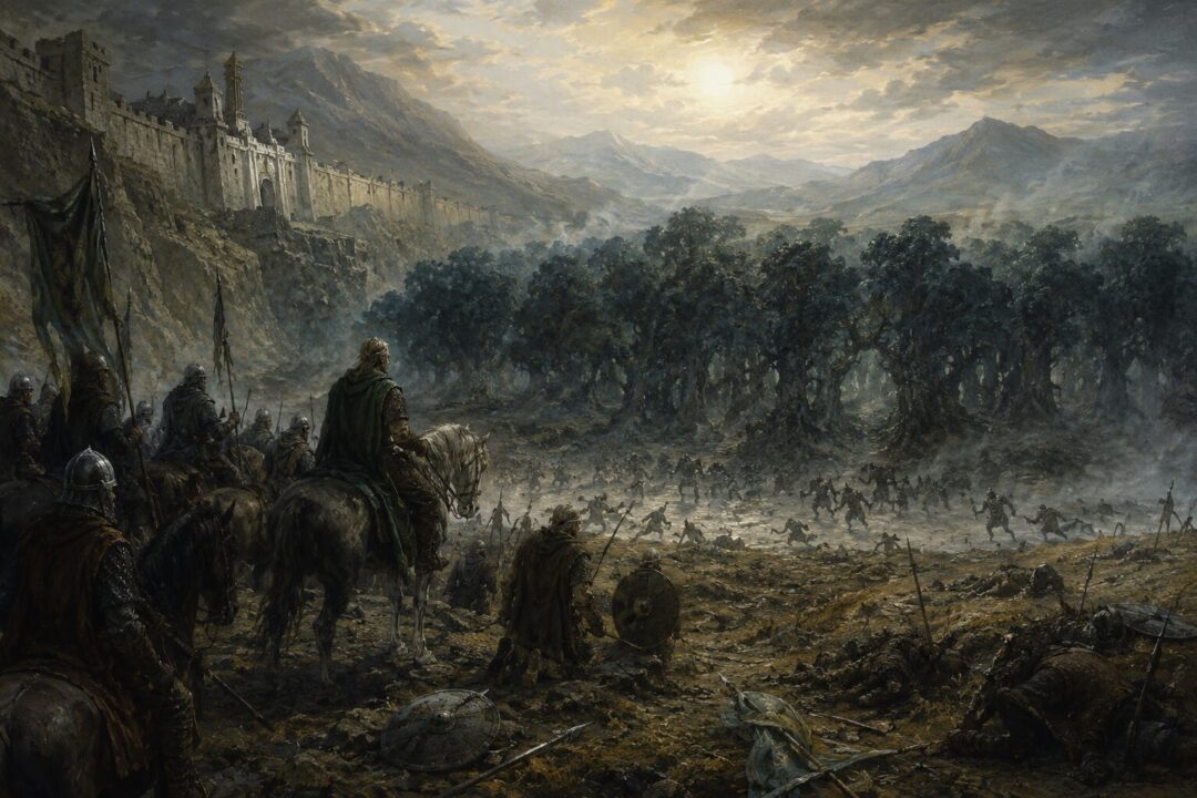 Huorn forest appearing in the Deeping-coomb at dawn after the Battle of Helm’s Deep
