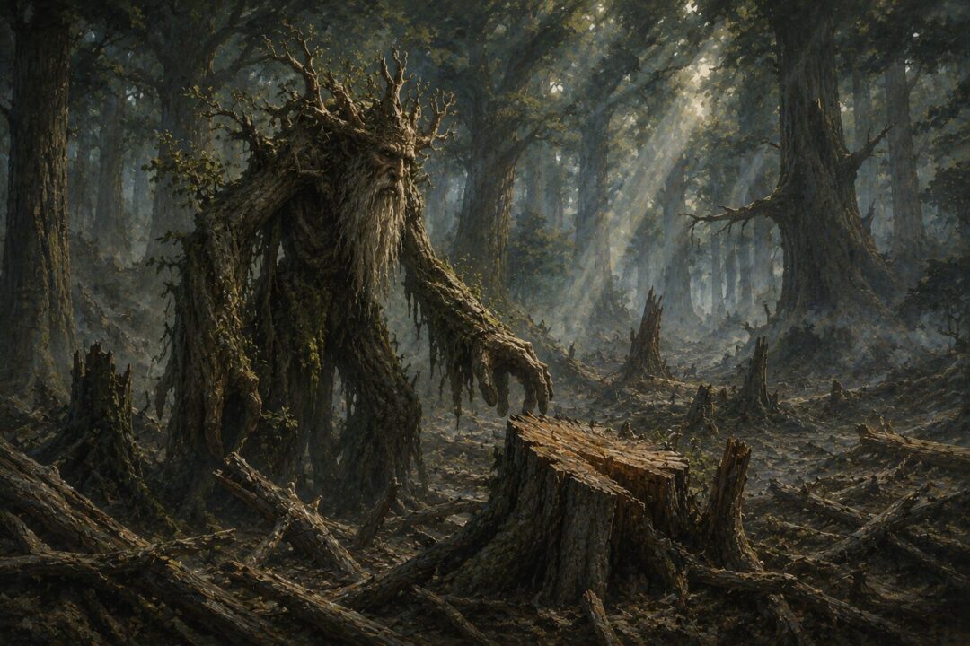 Dark Huorns moving silently through moonlit mist from Fangorn Forest