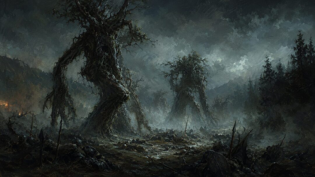 Huorns moving through mist at night among fallen Orcs after Helm’s Deep