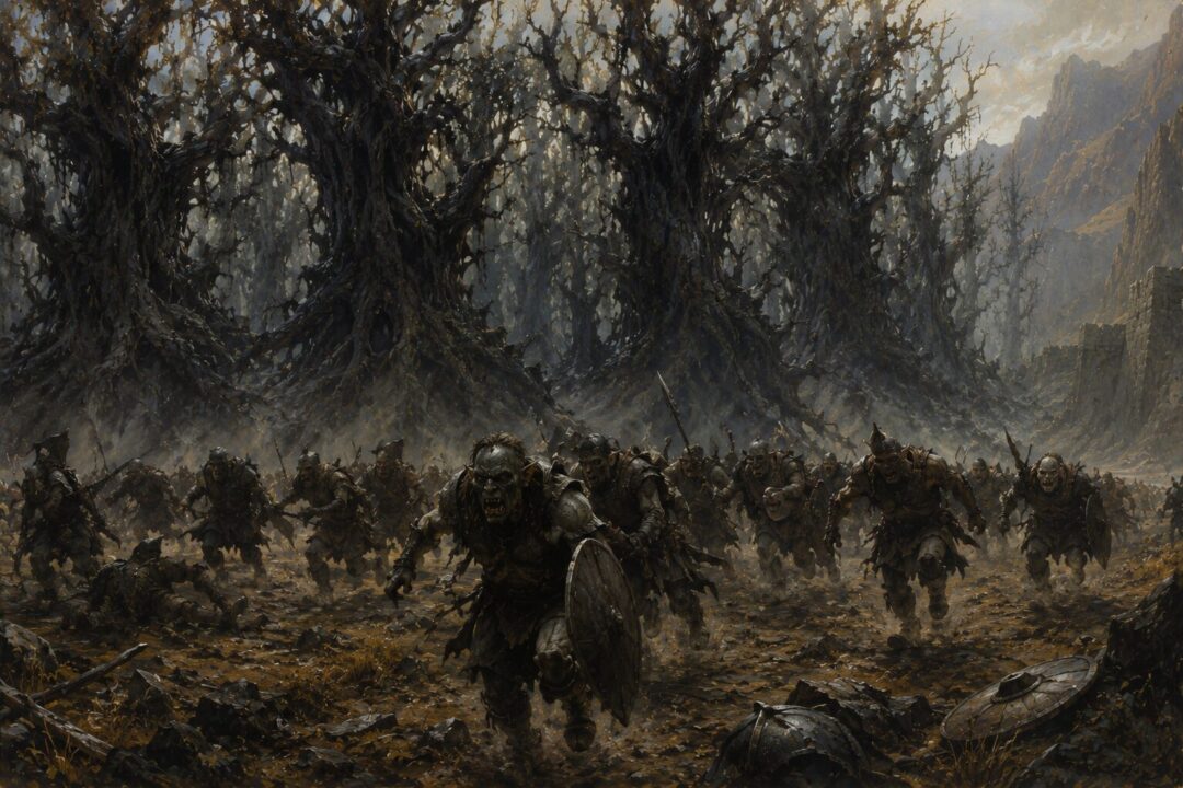 A dark forest of Huorns closing behind fleeing Orcs near Helm’s Deep