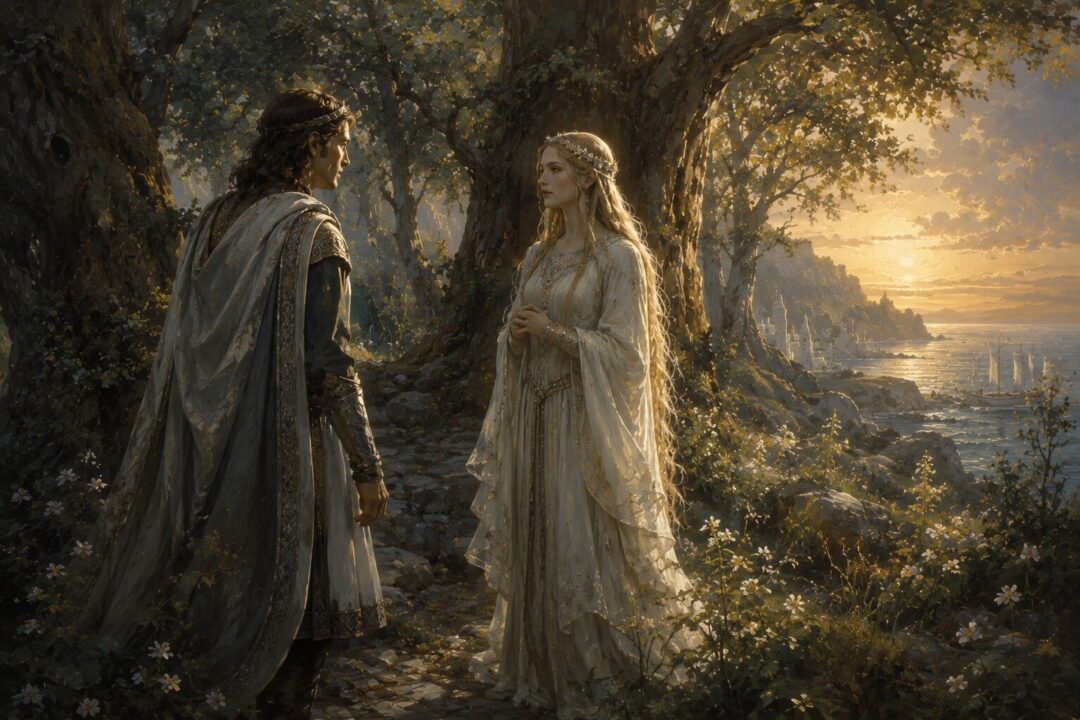 Imrazôr meeting the Elf-maiden Mithrellas near the forests of Belfalas.