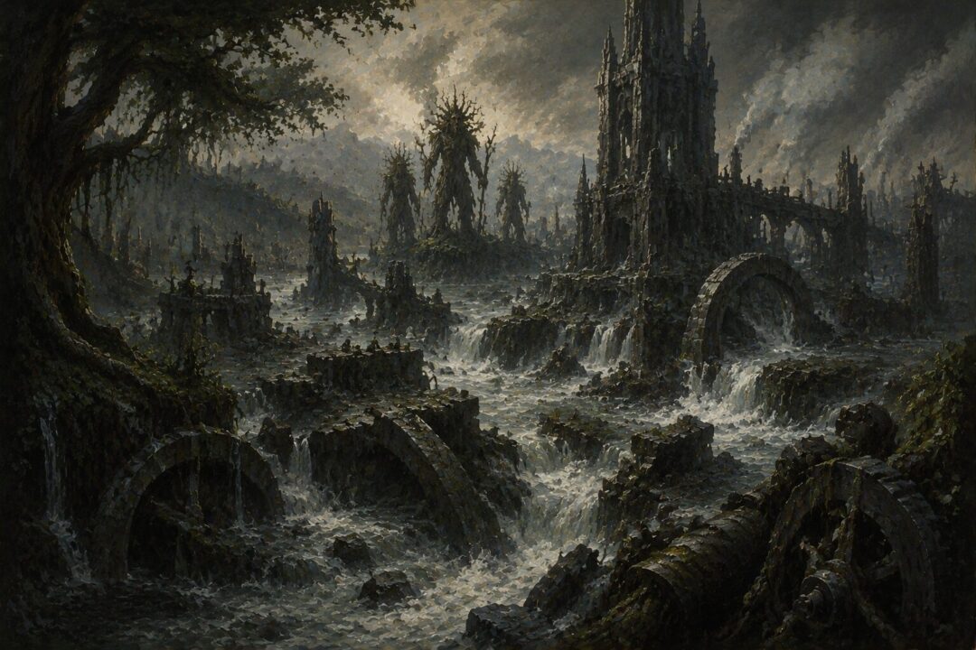 Flooded Isengard ruins being reclaimed by forest and river after destruction