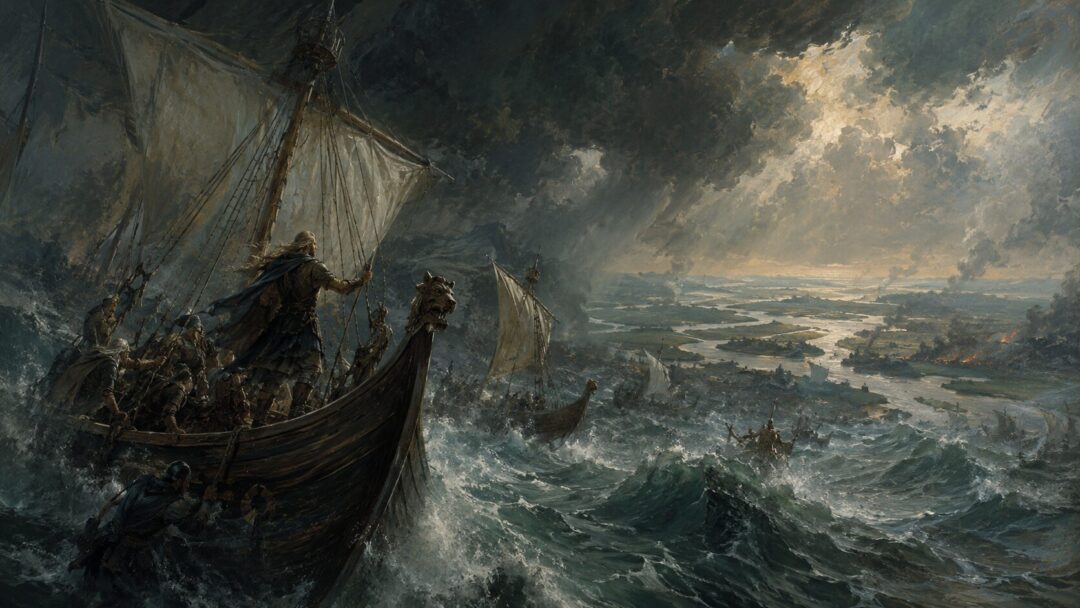 The ships of Isildur and Anárion are driven by storm waves toward the mouths of Anduin.