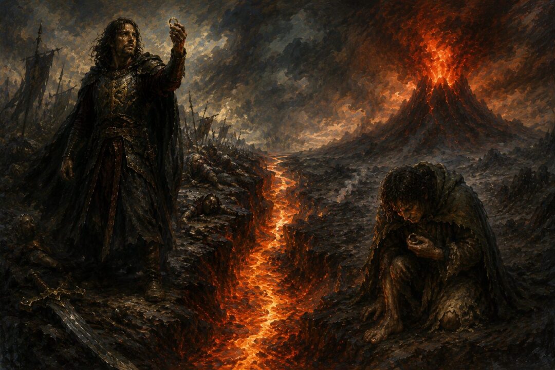 Symbolic comparison of Isildur and Frodo facing different forms of the One Ring's temptation.